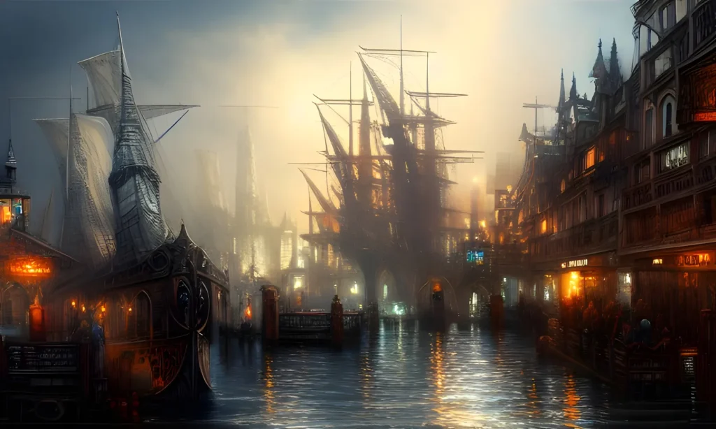 AI generated image of a harbor. Concept Artist
